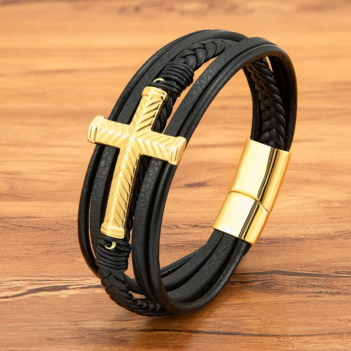 Christianartworkshop Three-Style Cross Leather Bracelet: Personalized Faith in Every Strand - Golden - 9.1''/23cm - image 3