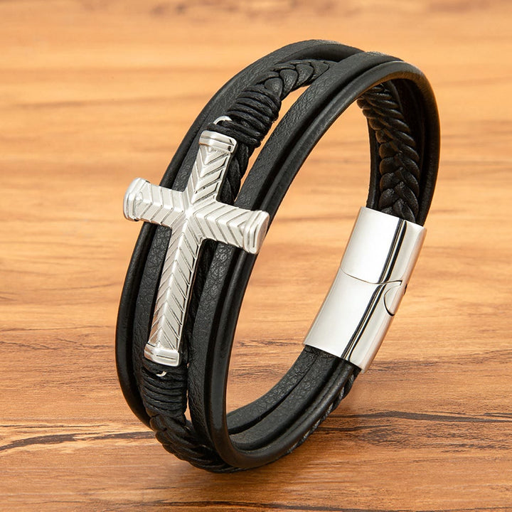 Christianartworkshop Three-Style Cross Leather Bracelet: Personalized Faith in Every Strand - Silver - 9.1''/23cm - image 4