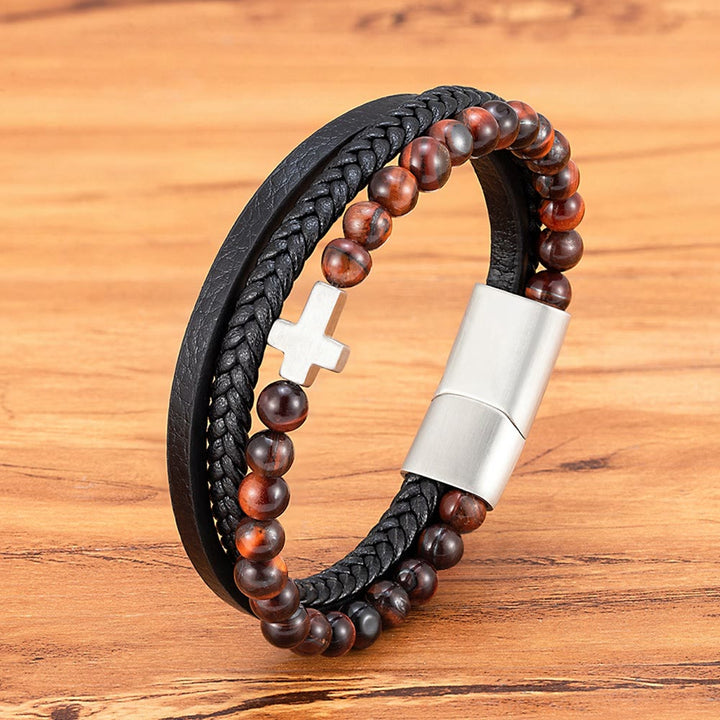 Christianartworkshop Layered Cross Bracelet with Tiger's Eye Stone Bead: Quiet Devotion in Rich Texture - Red - 9.1''/23cm - image 5