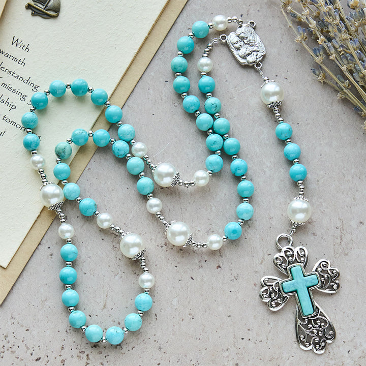 Christianartworkshop Turquoise Bead Crucifix Rosary with Holy Family Accent: A Steady Reminder of His Grace - image 5
