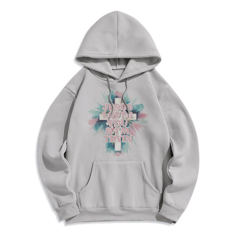 Christianartworkshop  Jesus Loves You I'm Still Tryin Fleece Lined Polyester Hoodie - Grey - 2XL - image 2