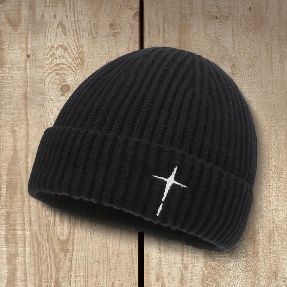 Christianartworkshop Subtle Cross Embroidered Beanie: His Grace in Cold Days - Black - image 0