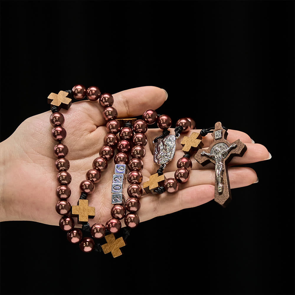 Christianartworkshop Vintage Wooden Cross and Deep Wine Red Rosary: 2026 New Year Blessing with Holy Family - 2026 New Year Rosary - image 0