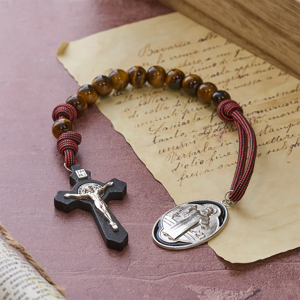 Christianartworkshop Tiger Eye Pocket Rosary with Courage & Protection: Blessed St. Benedict Exorcism Medal & Cross - St. Benedict & Crucifix - image 0