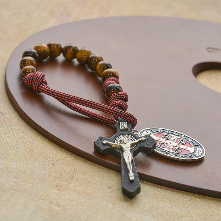 Christianartworkshop Tiger Eye Pocket Rosary with Courage & Protection: Blessed St. Benedict Exorcism Medal & Cross - image 2