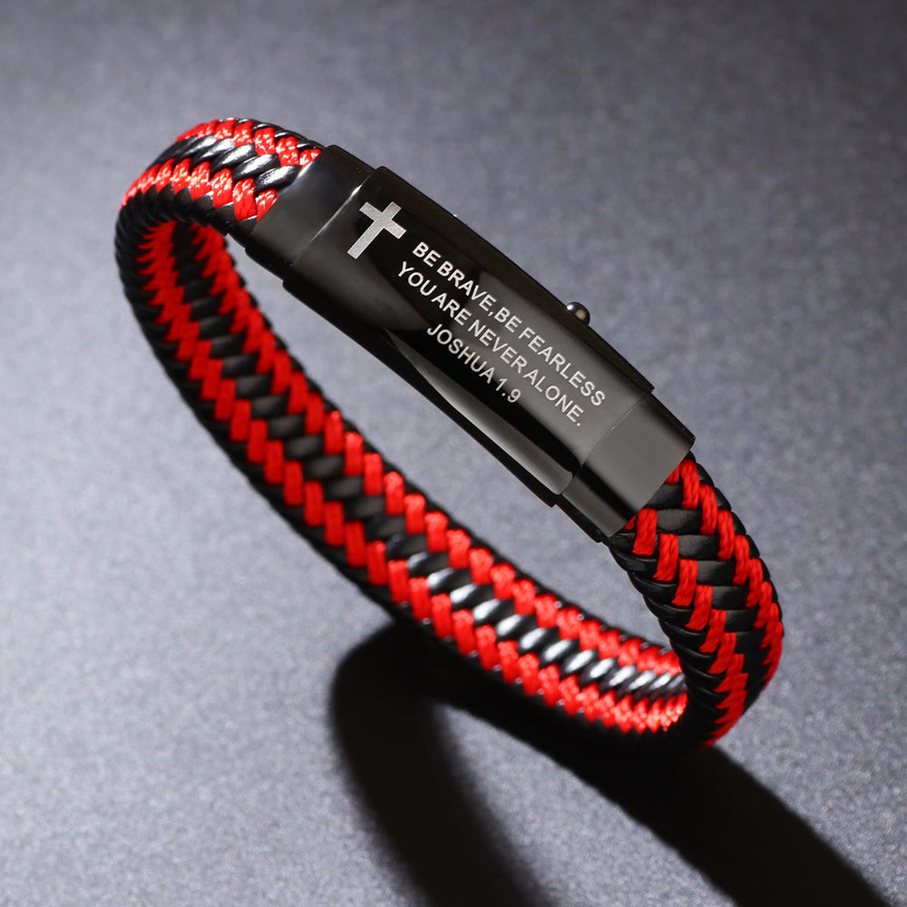 Christianartworkshop Woven Leather Cross Bracelet with Verse: Bold Courage for Daily Wear - Red - image 1