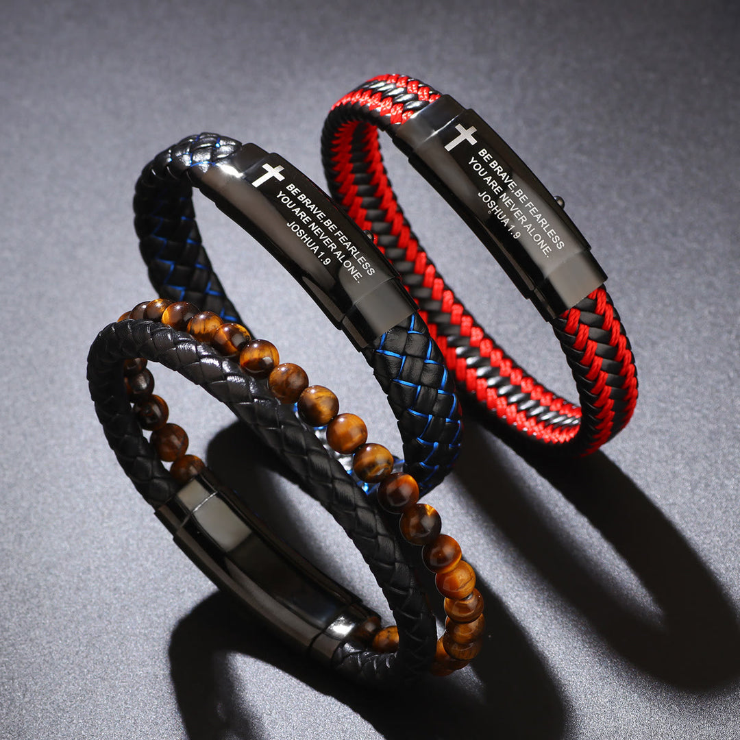 Christianartworkshop Woven Leather Cross Bracelet with Verse: Bold Courage for Daily Wear - image 0