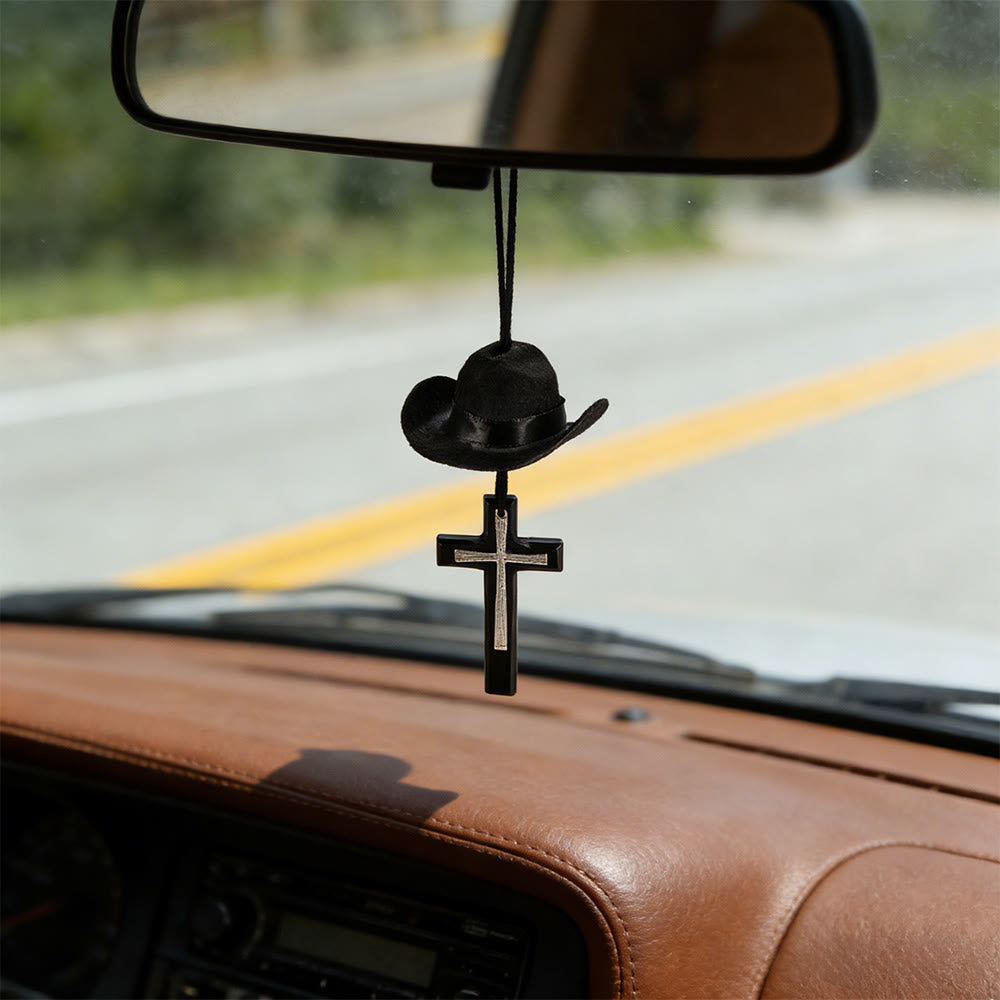 Christianartworkshop Cowboy Hat & Cross Car Pendant: Steadfast Faith for the Open Road - Wood & Metal Cross - Black - image 12
