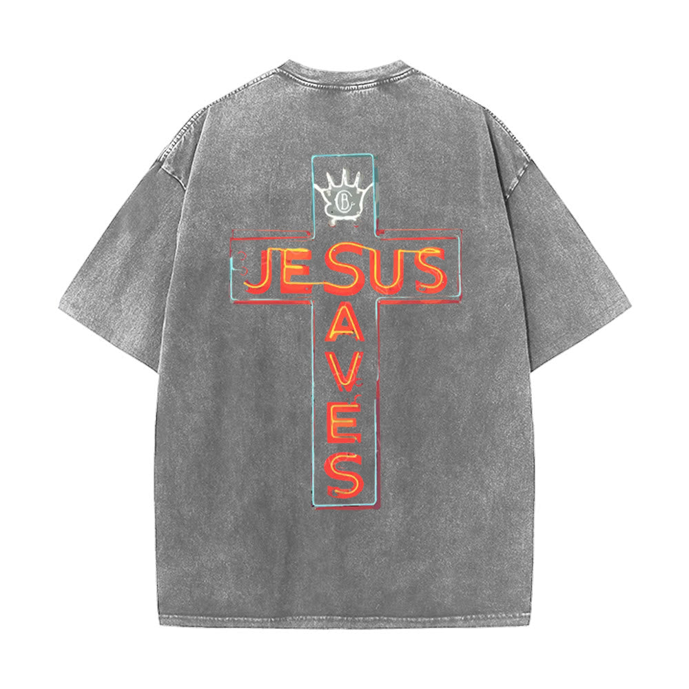 Christianartworkshop Jesus Saves Cross Graphic Unisex Washed T-Shirt - Grey - 5XL - image 6