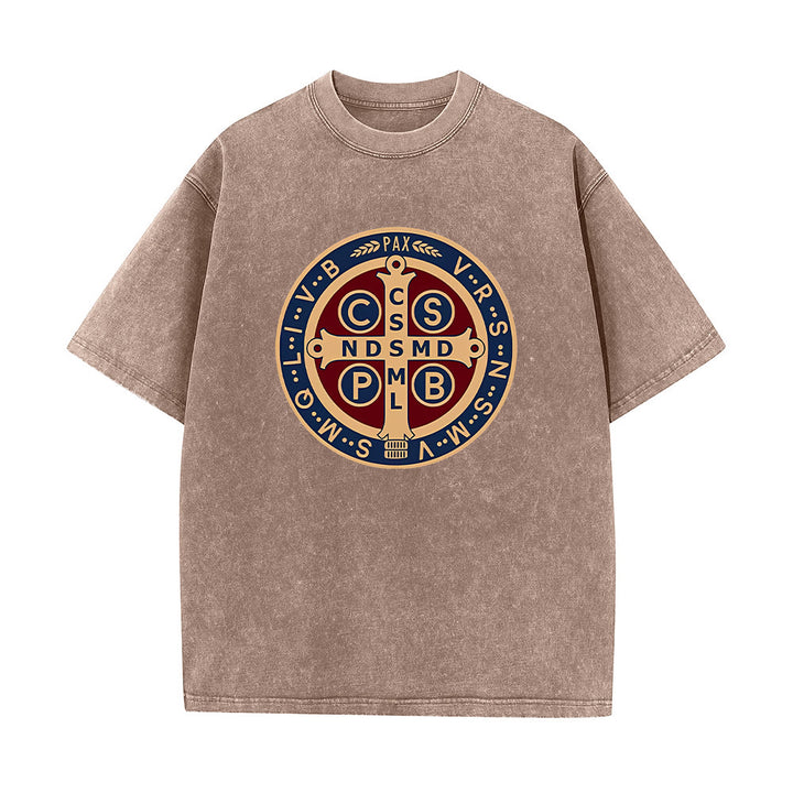Christianartworkshop St. Benedict Medal Holy Cross Unisex Washed T-Shirt - Coffee - 5XL - image 6