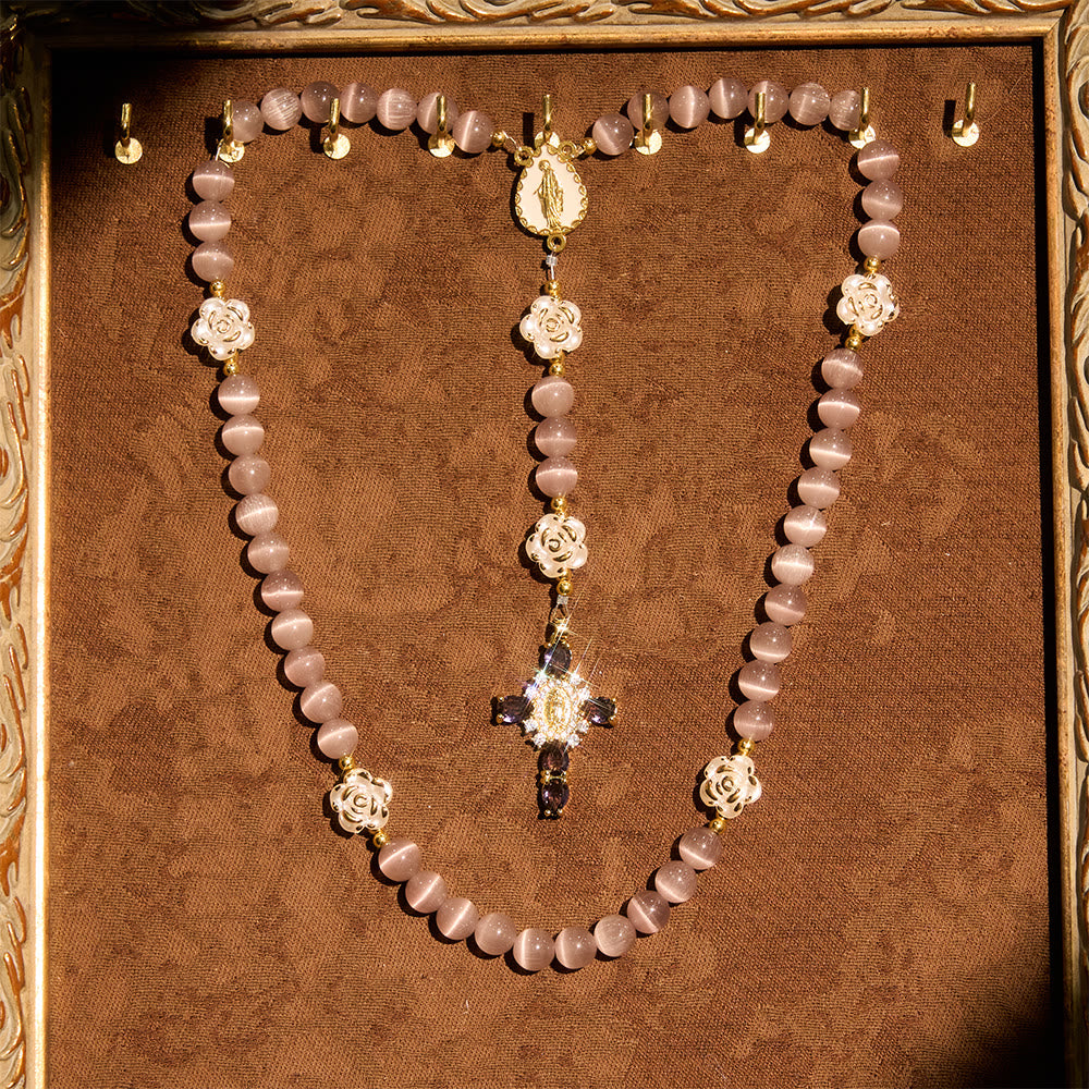 Christianartworkshop Cat's Eye & Rose Devotion Rosary in Lavender & Pink: Holy Mother Centerpiece for Gentle Prayer - Purple - image 0