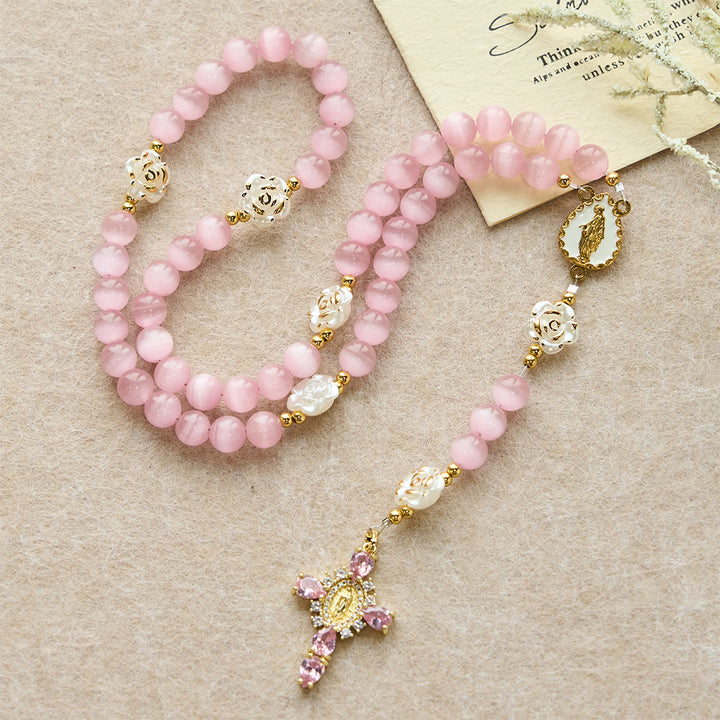 Christianartworkshop Cat's Eye & Rose Devotion Rosary in Lavender & Pink: Holy Mother Centerpiece for Gentle Prayer - image 11