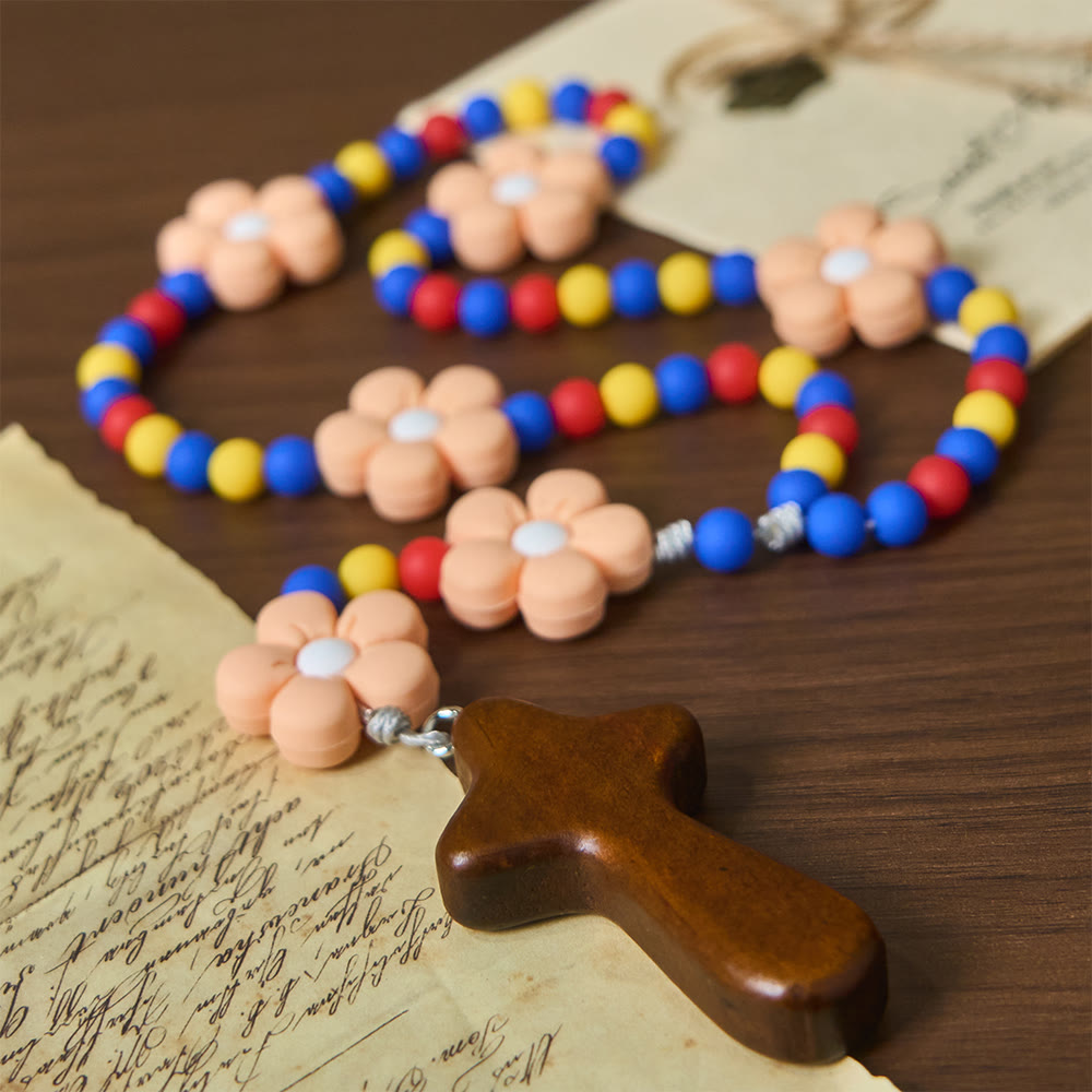 Christianartworkshop Kids Rosary with Soft Silicone Flowers: Fun Flower Design with Red Yellow Blue Palette - image 4