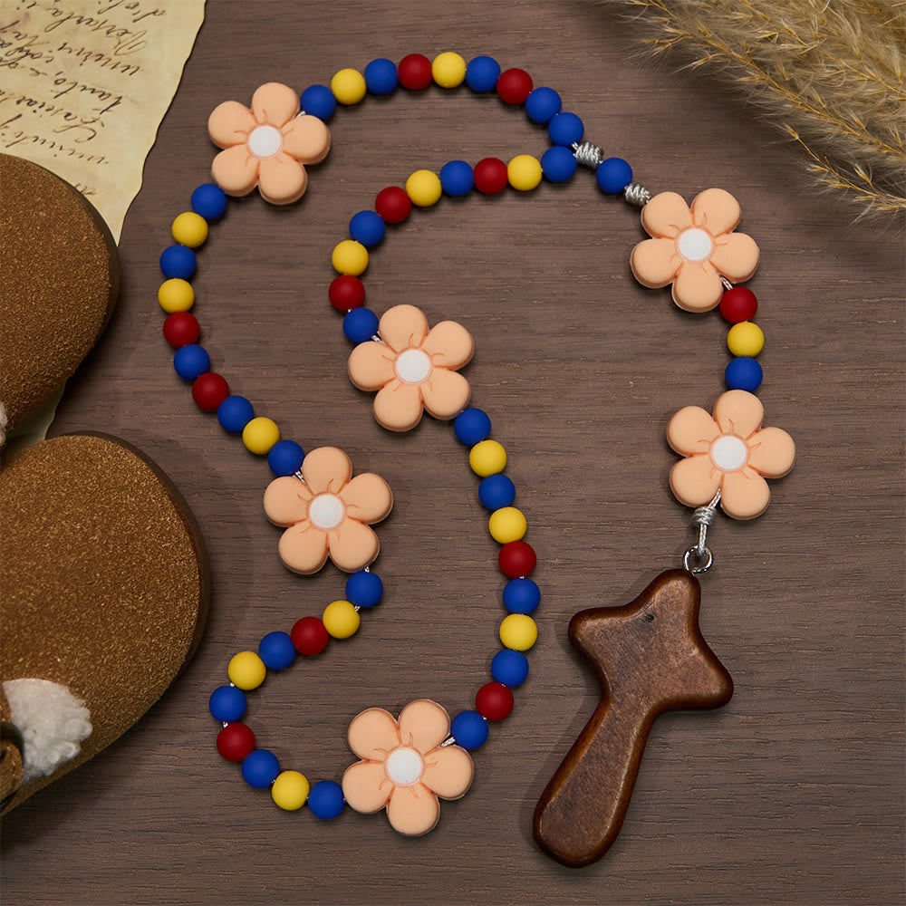 Christianartworkshop Kids Rosary with Soft Silicone Flowers: Fun Flower Design with Red Yellow Blue Palette - image 2