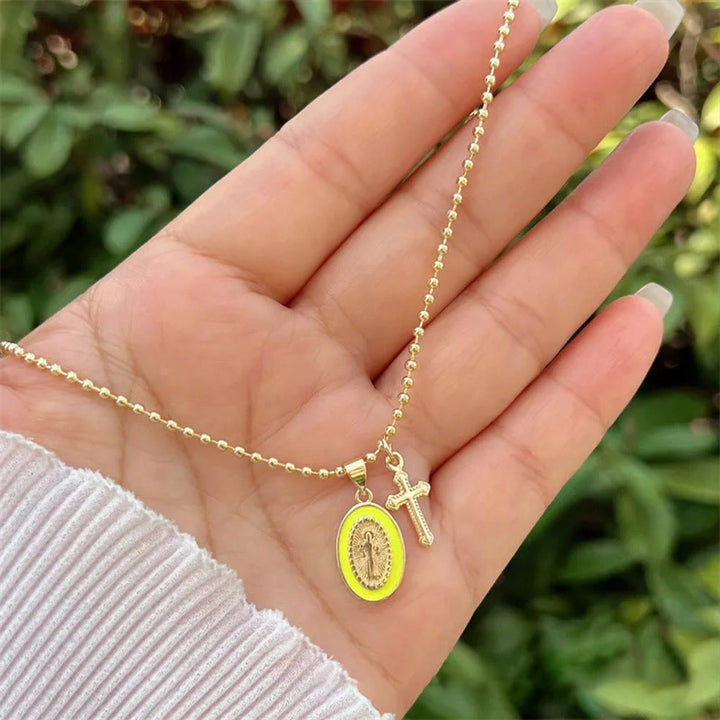 Christianartworkshop Dual-Faith Our Lady & Cross Necklace: Steady Companion for Daily Belief - Yellow - image 6