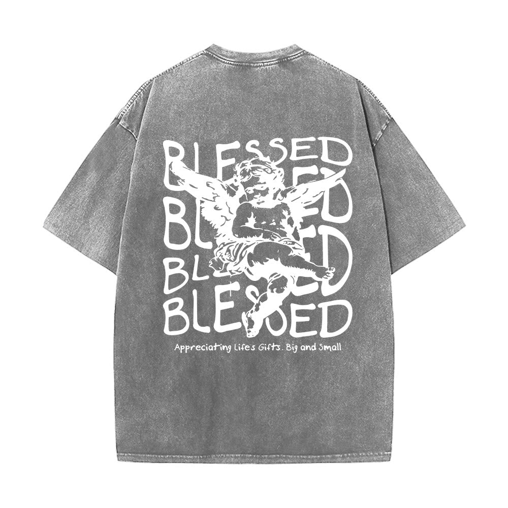 Christianartworkshop Inspired Blessed T-Shirt with Cherub Design Unisex Washed T-Shirt - Grey - 5XL - image 8