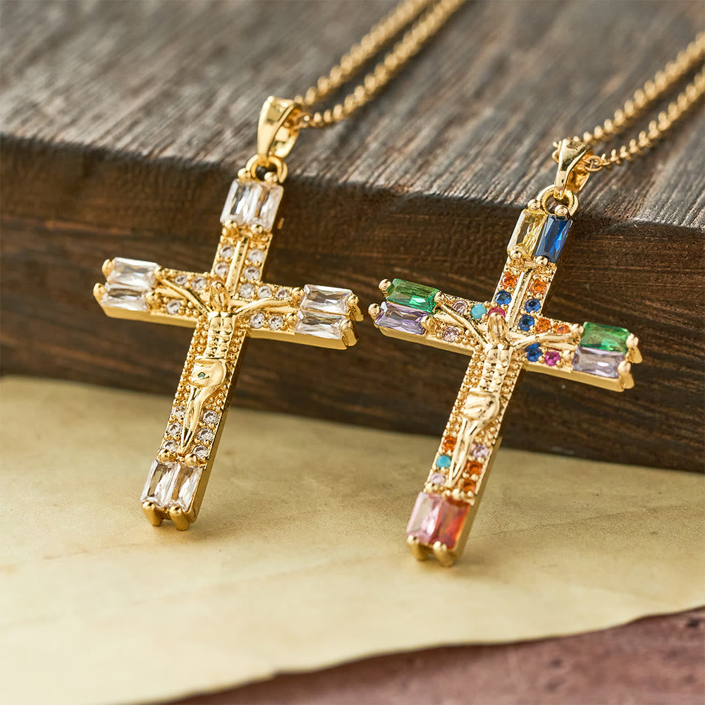 Christianartworkshop Retro Bohemian Style Colored Zirconia Cross Titanium Steel Necklace - image 1