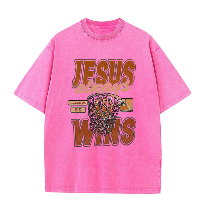 Christianartworkshop Jesus Always Wins Basketball Graphic Unisex Washed T-shirt - Pink - 5XL - image 3