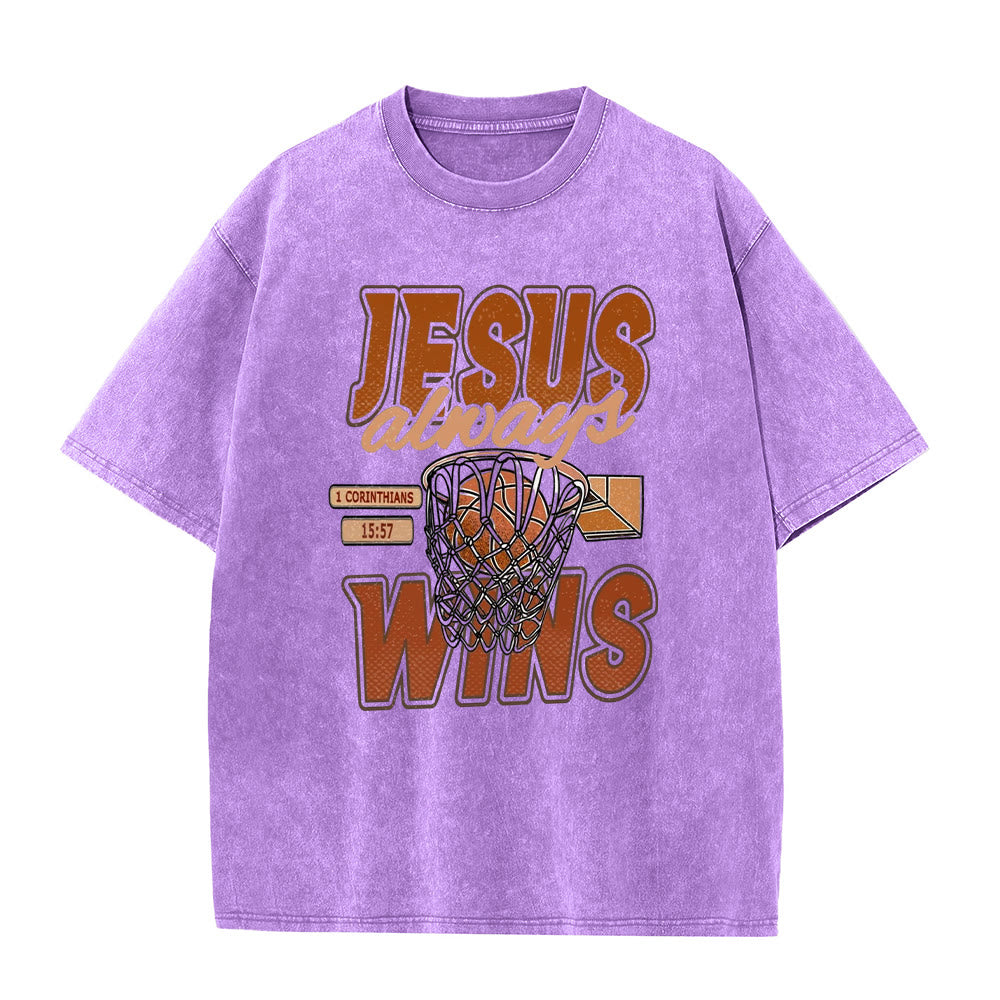 Christianartworkshop Jesus Always Wins Basketball Graphic Unisex Washed T-shirt - Purple - 5XL - image 2