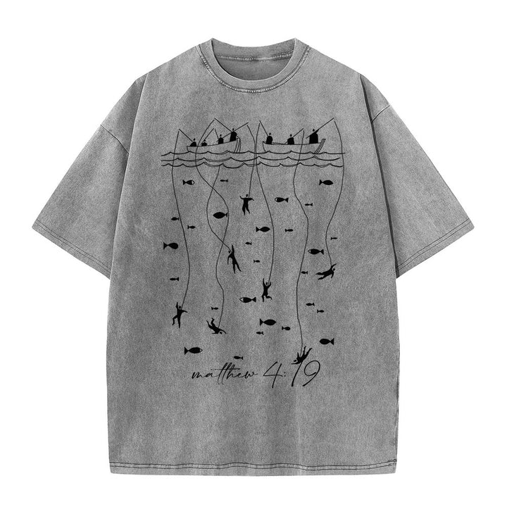 Christianartworkshop Biblical Fishing Narrative Unisex Washed T-shirt - Grey - 5XL - image 5