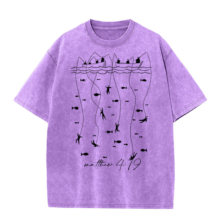 Christianartworkshop Biblical Fishing Narrative Unisex Washed T-shirt - Purple - 5XL - image 2