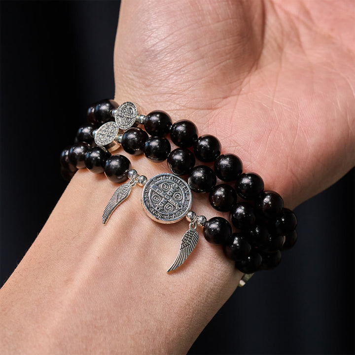 Christianartworkshop St. Benedict & Miraculous Medal Wooden Bead Dual Guardian Bracelet - image 1