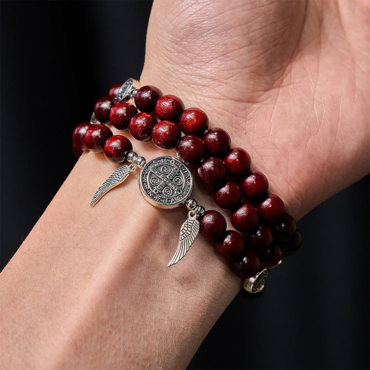 Christianartworkshop St. Benedict & Miraculous Medal Wooden Bead Dual Guardian Bracelet - image 8