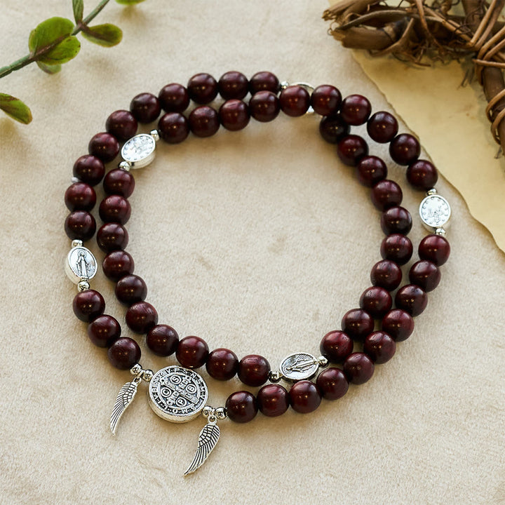 Christianartworkshop St. Benedict & Miraculous Medal Wooden Bead Dual Guardian Bracelet - Blood Sandalwood - image 7