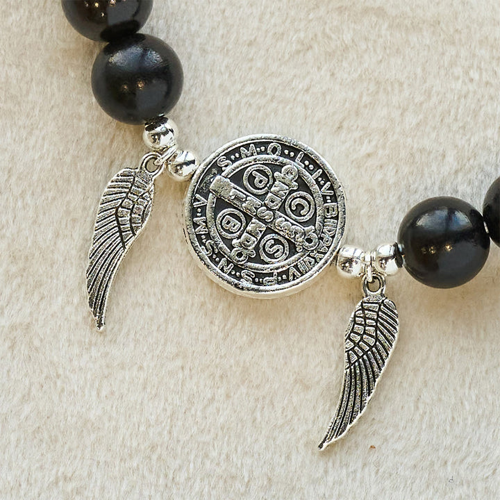Christianartworkshop St. Benedict & Miraculous Medal Wooden Bead Dual Guardian Bracelet - image 6
