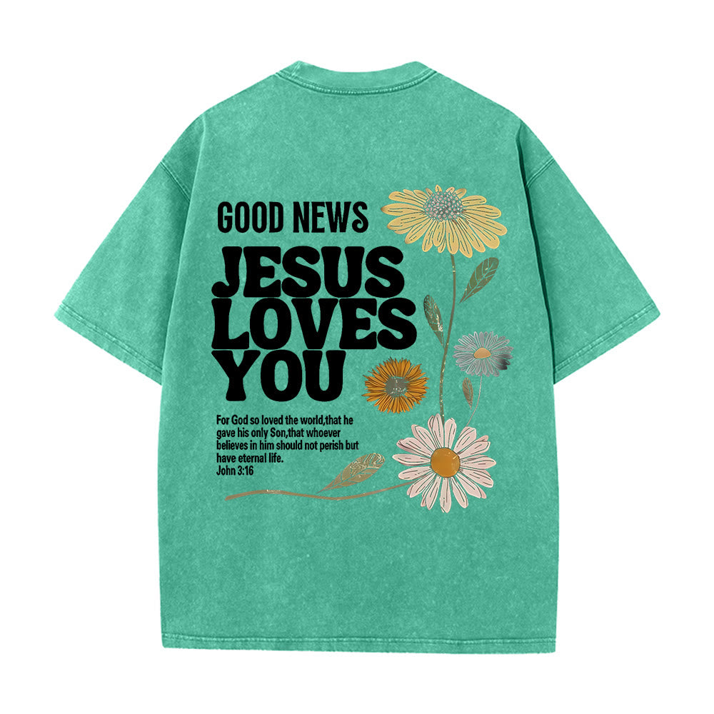 Christianartworkshop Good News Jesus Loves You Unisex Washed T-shirt - Green - 5XL - image 9