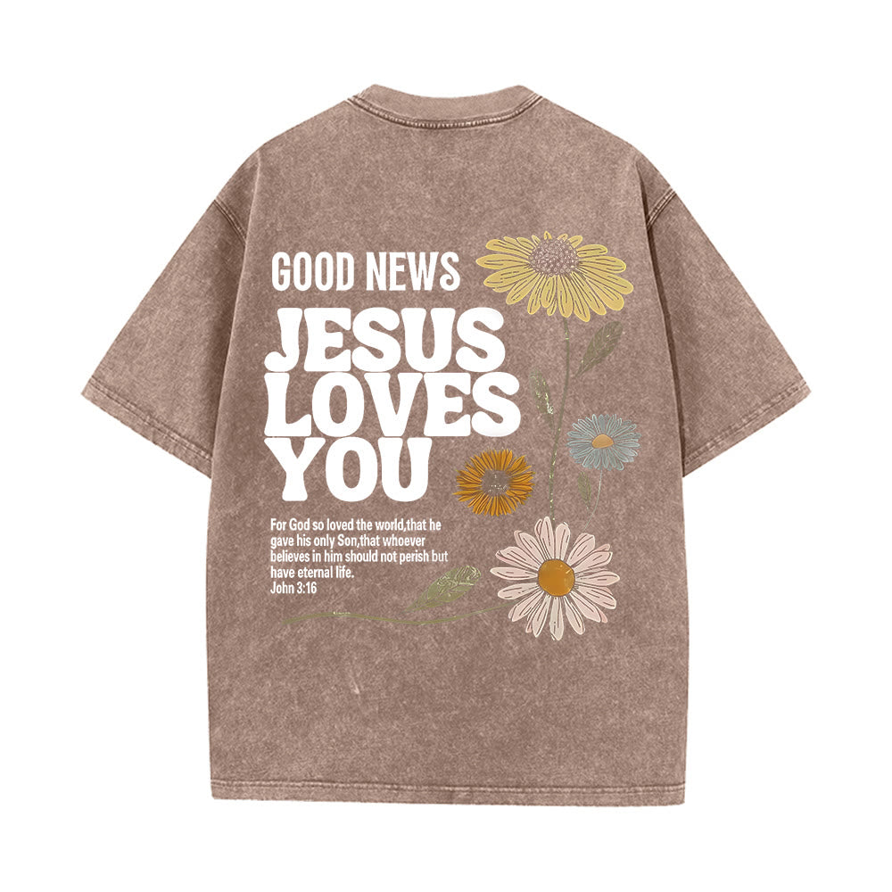 Christianartworkshop Good News Jesus Loves You Unisex Washed T-shirt - Coffee - 5XL - image 17