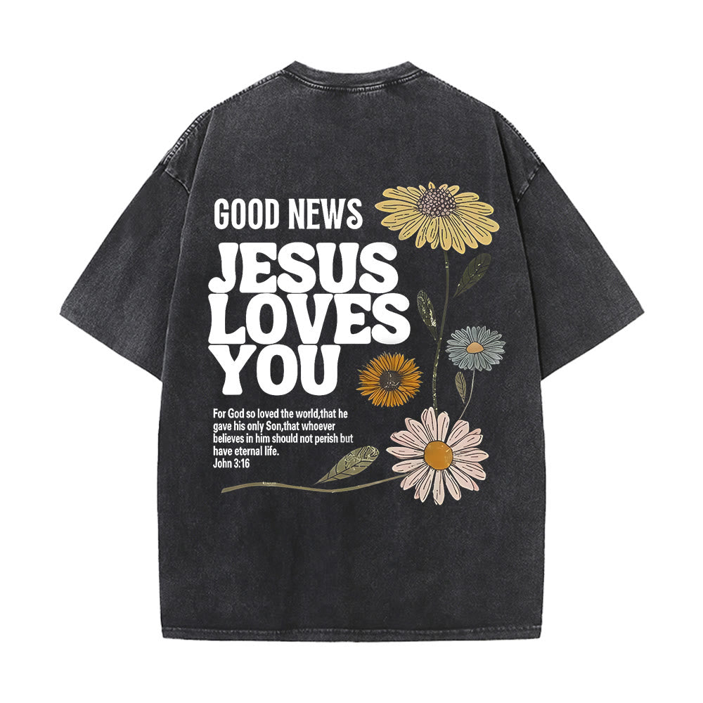 Christianartworkshop Good News Jesus Loves You Unisex Washed T-shirt - Black - 5XL - image 3