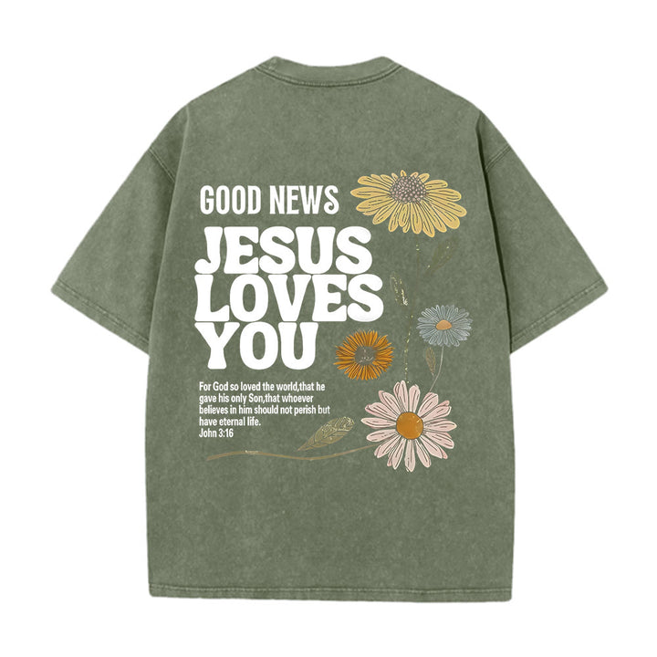 Christianartworkshop Good News Jesus Loves You Unisex Washed T-shirt - Army Green - 5XL - image 11