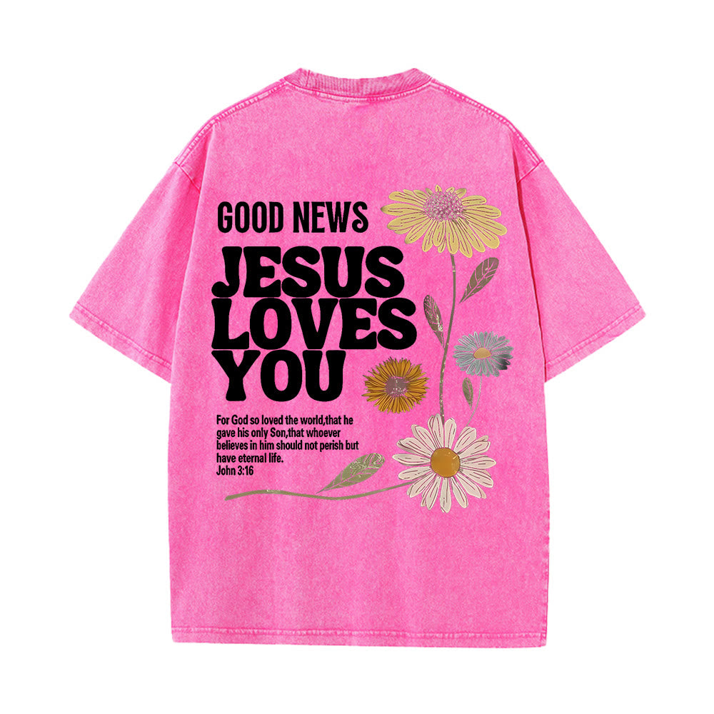 Christianartworkshop Good News Jesus Loves You Unisex Washed T-shirt - Pink - 5XL - image 7