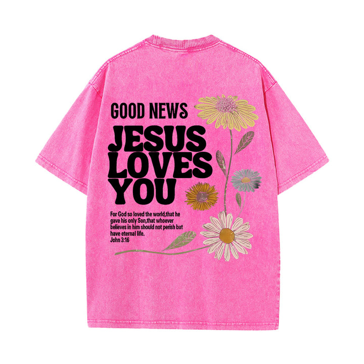 Christianartworkshop Good News Jesus Loves You Unisex Washed T-shirt - Pink - 5XL - image 7