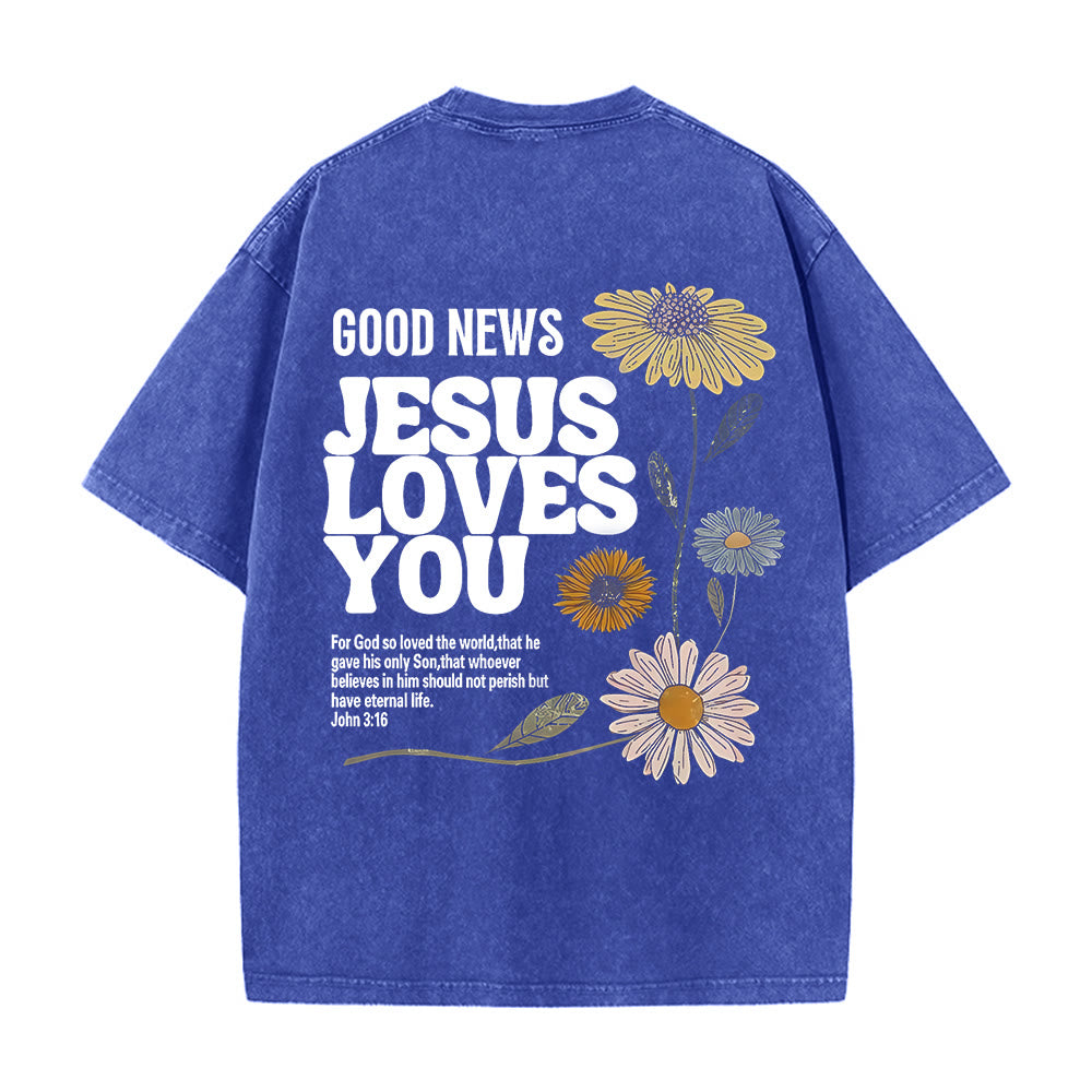 Christianartworkshop Good News Jesus Loves You Unisex Washed T-shirt - Blue - 5XL - image 5