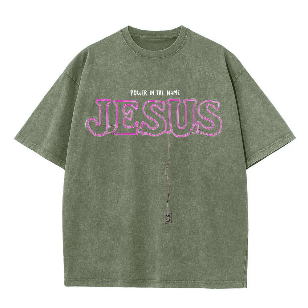 Christianartworkshop Power in the Name Jesus Unisex Washed T-shirt - Army Green - 5XL - image 2