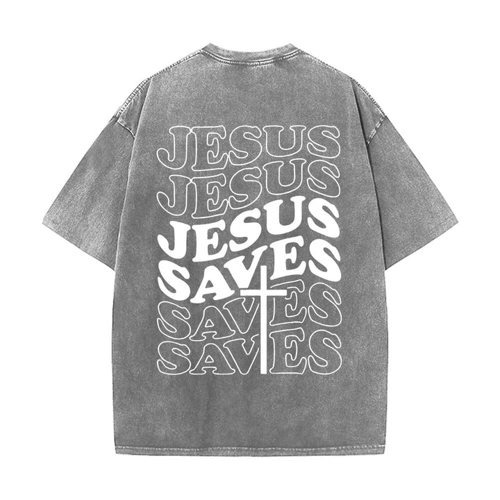 Christianartworkshop Jesus Saves Cross Graphic Unisex Washed T - Shirt - Grey - 5XL - image 0