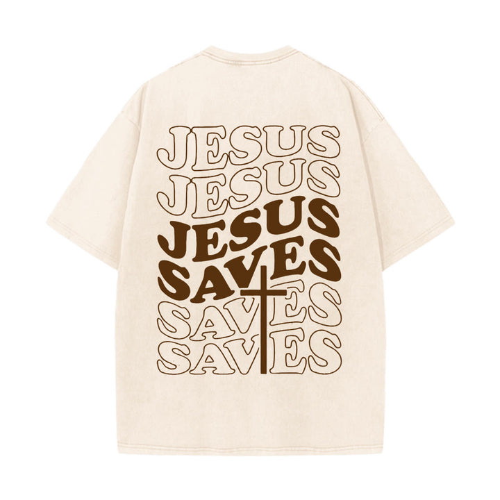 Christianartworkshop Jesus Saves Cross Graphic Unisex Washed T - Shirt - Apricot - 5XL - image 16