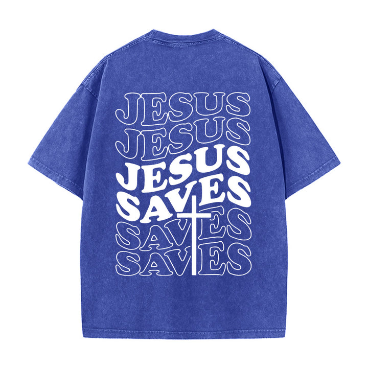 Christianartworkshop Jesus Saves Cross Graphic Unisex Washed T - Shirt - Blue - 5XL - image 8