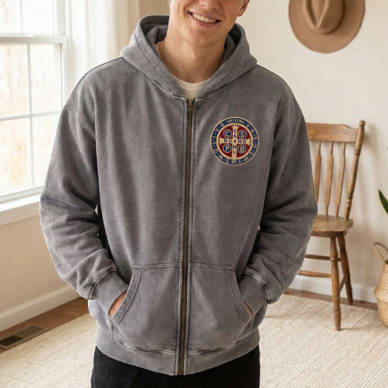 Christianartworkshop St. Benedict Cross Zip-Up Hooded Jacket: Faith Protection for Daily Wear - image 1