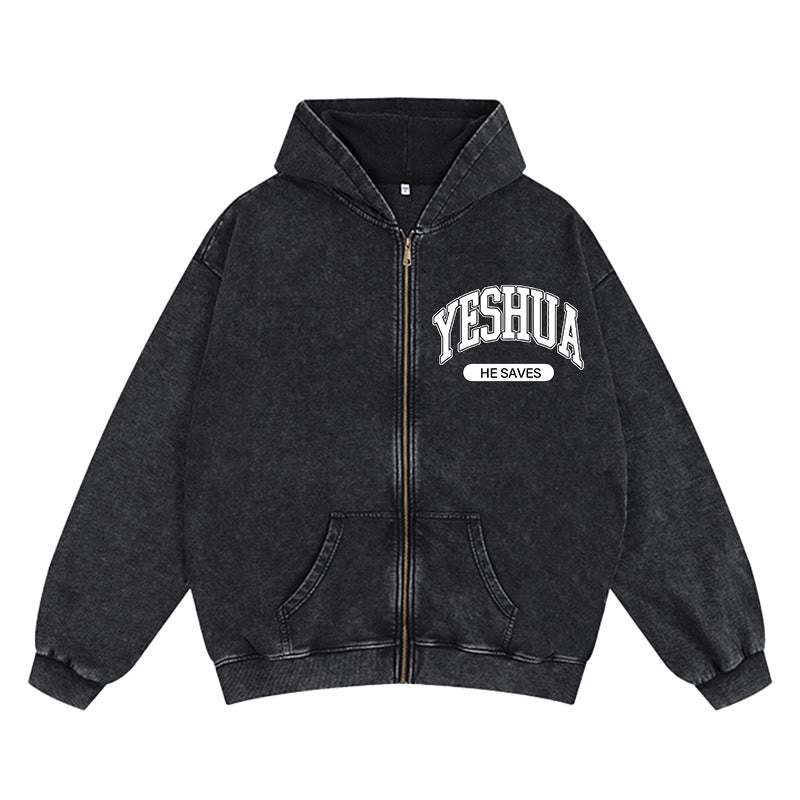 Christianartworkshop YESHUA He Saves Graphic Zip-Up Hooded Jacket: Blend of Faith & Casual Fashion - Black - 2XL - image 2
