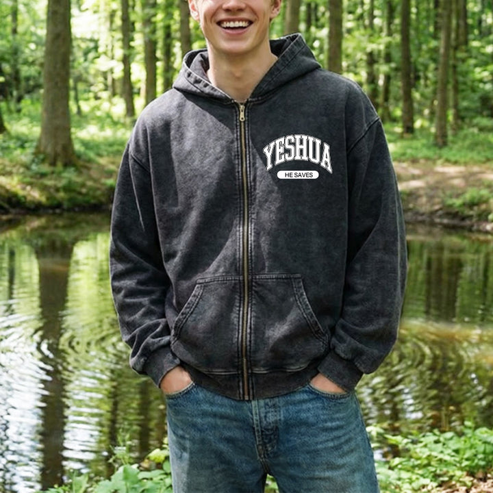 Christianartworkshop YESHUA He Saves Graphic Zip-Up Hooded Jacket: Blend of Faith & Casual Fashion - image 3