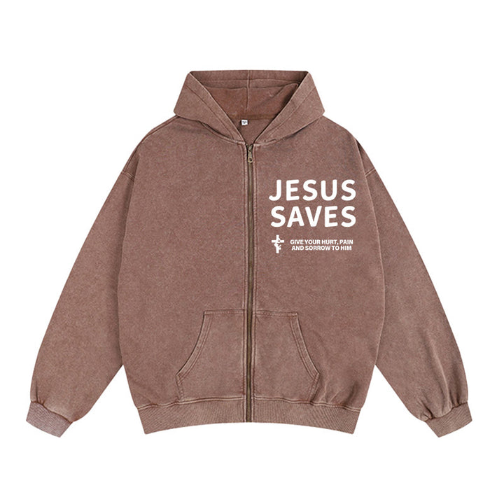 Christianartworkshop Jesus Saves Devotion Zip-Up Hooded Jacket: Express Faith in Daily Life with Ease - Coffee - 2XL - image 8