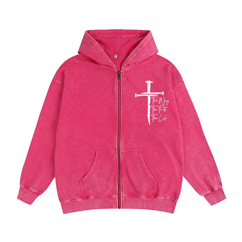 Christianartworkshop Faith Path Cross Zip-Up Hooded Jacket: The Way The Truth The Life in Casual Wear - Rose - 2XL - image 6