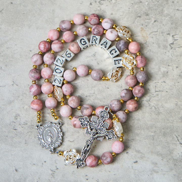 Christianartworkshop Pink Zebra Jasper 2026 New Year Rosary: Personalized Name Faith - 2026 New Year Rosary - image 4