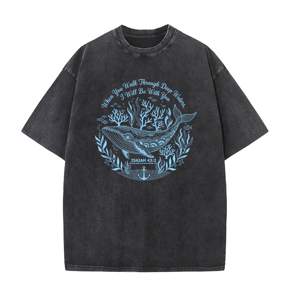 Christianartworkshop Isaiah 43:2 Whale Ocean Graphic Unisex Washed T-Shirt - Black - 5XL - image 4