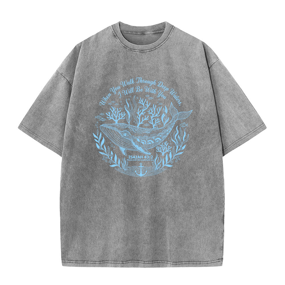 Christianartworkshop Isaiah 43:2 Whale Ocean Graphic Unisex Washed T-Shirt - Grey - 5XL - image 6