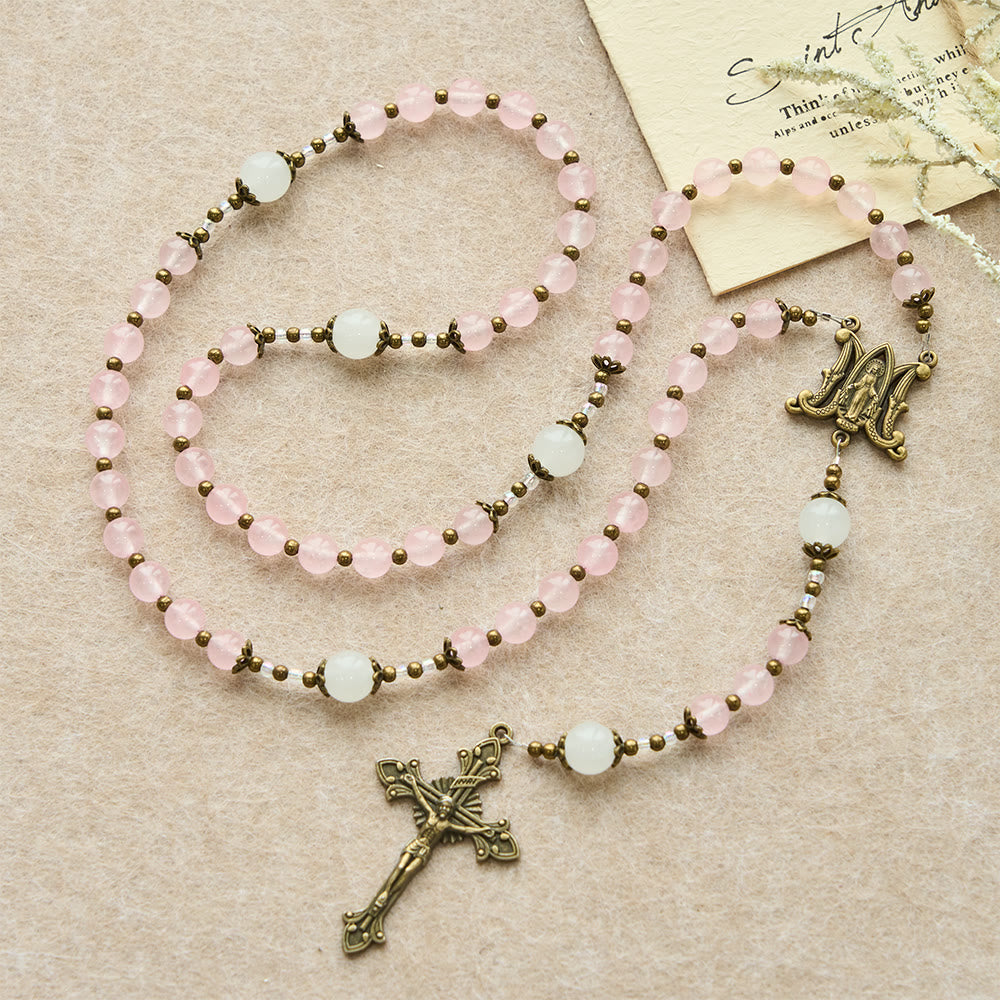 Christianartworkshop Pink Glass & White Glass Beads Ornate Crucifix Rosary: Embody His Gentle Grace - image 3