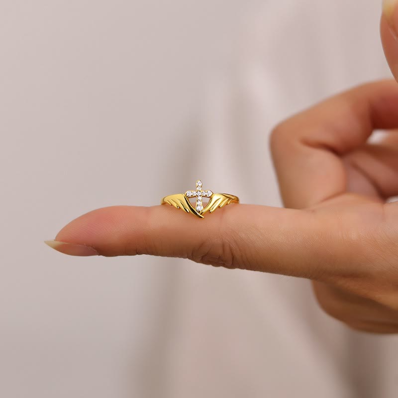 Christianartworkshop Silver Cross Wing Ring with Cubic Zirconia Accents: Embody His Angelic Protection - Golden（ Suitable for US sizes 5-9） - image 1